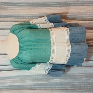 Kaktus Semi-Sheer BOHO Tunic Top Shirt Oversized Denim Blue White Sage Lace